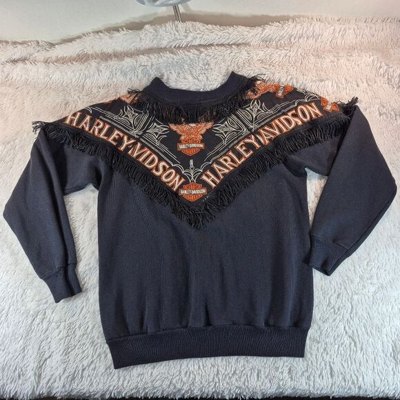 Vintage Harley Davidson Fringe Sweatshirt Black & Orange Graphic Biker Crewneck - Picture 10 of 11